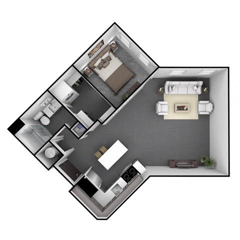 Floor plan for 1 bed, 1 bath, 890 sqft